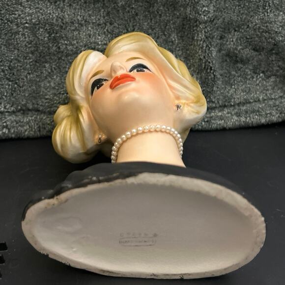 Large Lady Head Vase Napcoware w Pearls Planter Blk Dress c1950 - Picture 10 of 12